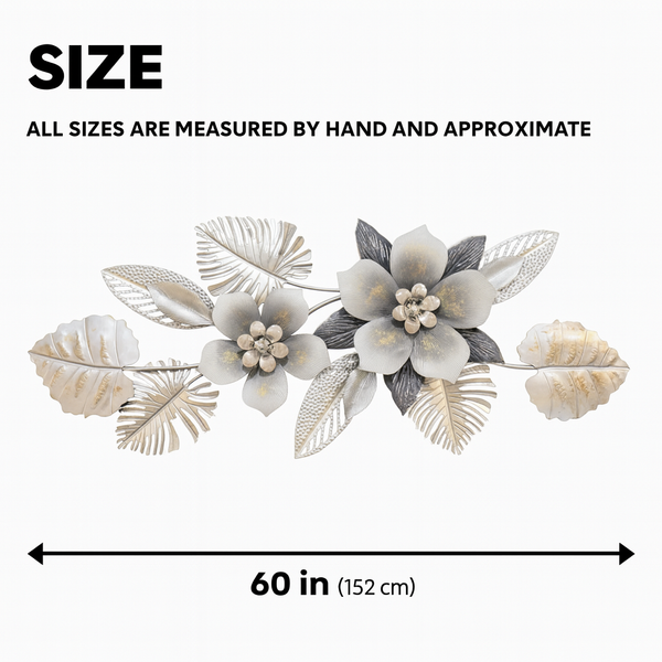 Large Metal Flower Wall Art, 3D Floral Wall Sculpture, Modern Botanical Decor with Silver & Gray Leaves, Textured Metal Wall Decor for Living Room, Bedroom, or Entryway-Sona Casa