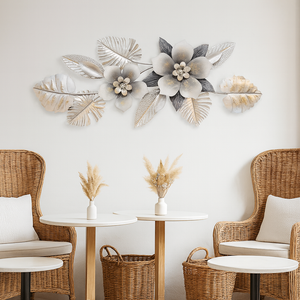 Large 60 Inch wide 3D Metal Flower Wall Art Sculpture with Silver & Gray Leaves, Textured Modern Botanical Decor for Living Room or Bedroom-Sona Casa