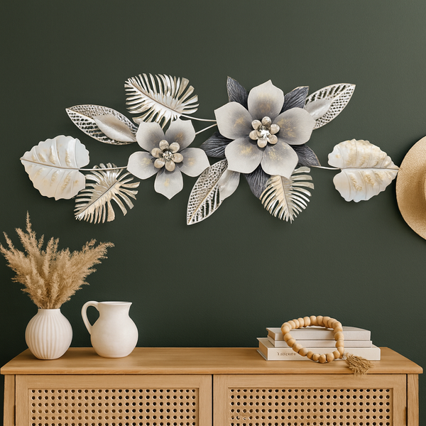 Large Metal Flower Wall Art, 3D Floral Wall Sculpture, Modern Botanical Decor with Silver & Gray Leaves, Textured Metal Wall Decor for Living Room, Bedroom, or Entryway-Sona Casa