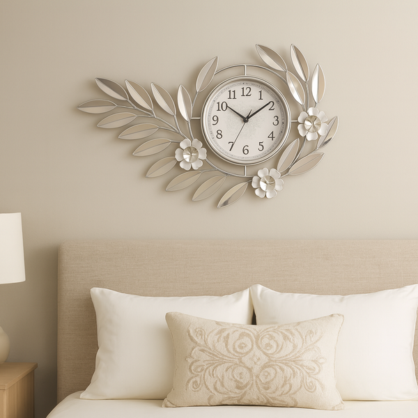 Large Silver Metal Wall Clock, Modern Floral Silent Quartz Decor for Living Room & Home, Analog Decorative Clock-Sona Casa