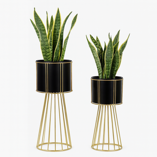 Contemporary Black & Gold Metal Planter Pair, Set of 2 Tall Indoor Plant Stands for Home Decor-Sona Casa