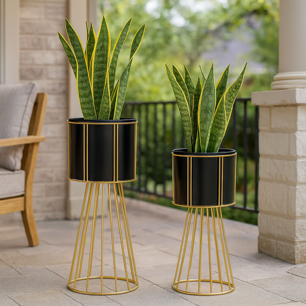 Contemporary Black & Gold Metal Planter Pair, Set of 2 Tall Indoor Plant Stands for Home Decor-Sona Casa