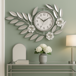 Large Silver Metal Wall Clock, Silent, Modern Floral Design-Sona Casa