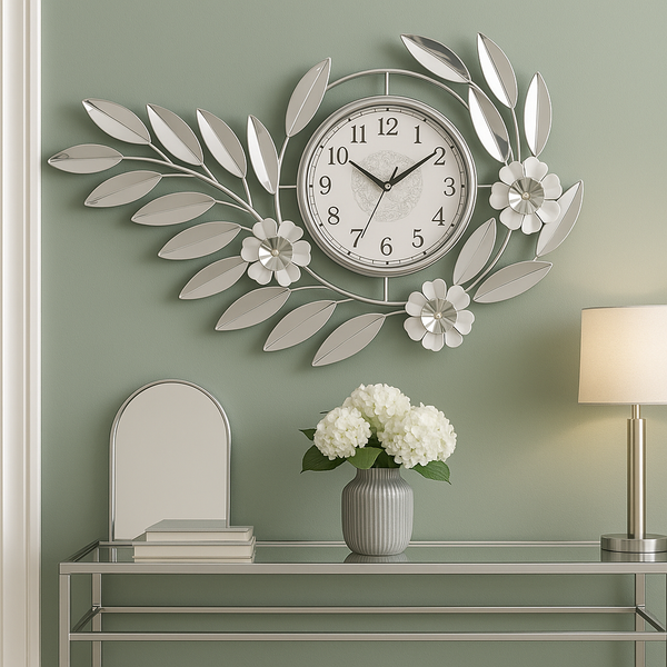 Large Silver Metal Wall Clock, Silent, Modern Floral Design-Sona Casa