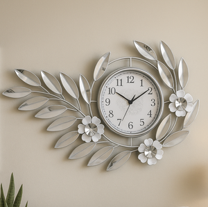 Large Silver Metal Wall Clock, Modern Floral Quartz Decor for Living Room & Home, Analog Decorative Clock-Sona Casa