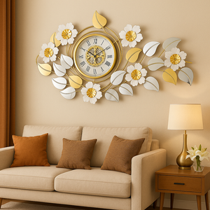 Large Gold White Silver Elegant Wall Clock, Silent Floral Design-Sona Casa