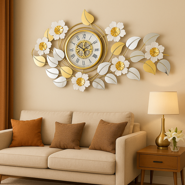 Large Gold White Silver Elegant Wall Clock, Silent Floral Design-Sona Casa