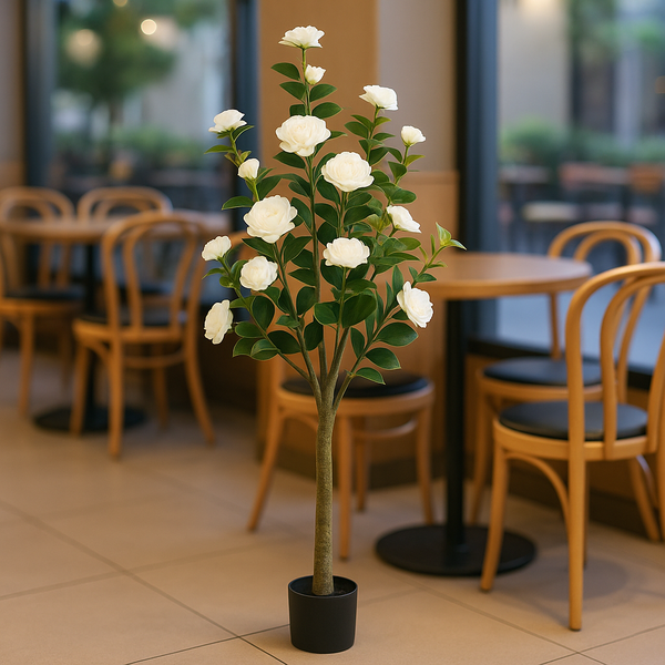 Faux Camellia Tree, 5 ft Tall Faux White Camellia Tree Plant in Cement Base, Indoor Decor for Home or Office, Housewarming Gift-Sona Casa