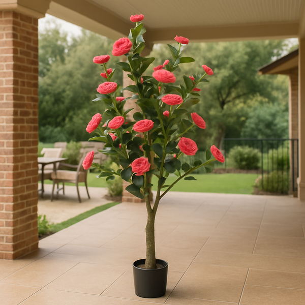Artificial Flowering Tree, 5 ft Tall Fake Pink Camellia Tree Plant in Cement Base, Indoor Decor for Home or Office, Gift-Sona Casa