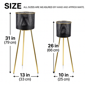 Modern Black Metal Plant Pot, Set of 2 Planters, Gold Tripod Stand, Indoor Outdoor Gift Decor for Home or Office-Sona Casa