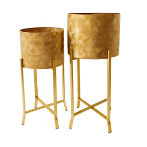 Rustic Gold Metal Pair of Planters with Detachable & Foldable Stand, Indoor Ornament for Fresh or Faux Plants Home Decor Gifts-Sona Casa
