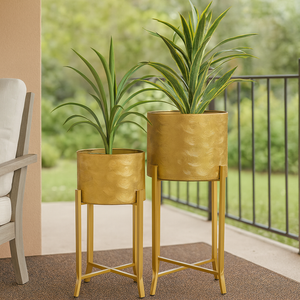Rustic Gold Metal Pair of Planters with Detachable & Foldable Stand, Indoor Ornament for Fresh or Faux Plants Home Decor Gifts-Sona Casa