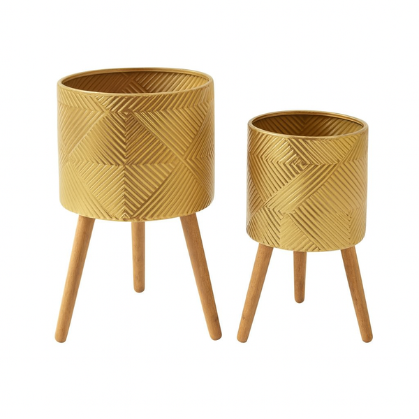 Rustic Gold Foil Metal Plant Pots Set with Stand for Fresh or Artificial Plants, Indoor Home Office Decor, Gifts-Sona Casa