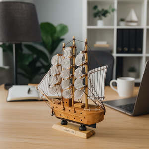 Brown Wooden Sailboat Model With Realistic Cloth Sails - Nautical Marine-Inspired Home Decor
