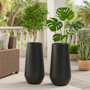 Set of 2 Tall White Indoor Self Watering Decorative Planters, 27 Inch Tall Black Planter with Riser Pot, Drain Hole-Sona Casa
