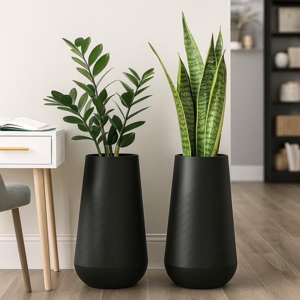 Set of 2 Tall White Indoor Self Watering Decorative Planters, 27 Inch Tall Black Planter with Riser Pot, Drain Hole-Sona Casa