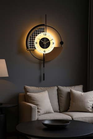 Modern Black and White Wall Clock with LED Light, Unique Geometric Design, Silent Pendulum, Living Room Decor, Gift-Sona Casa