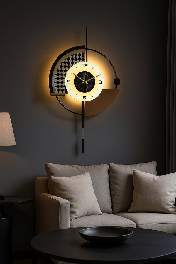 Modern Black and White Wall Clock with LED Light, Unique Geometric Design, Silent Pendulum, Living Room Decor, Gift-Sona Casa