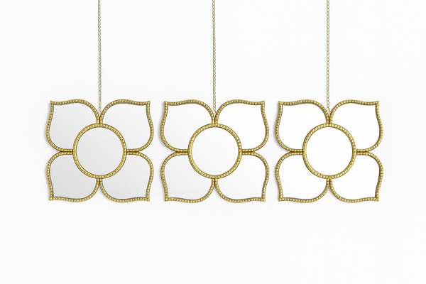 Golden Floral Wall Mirror Set with Hanging Chain, Traditional Modern Diwali Decor Gift, 25 cm Mirrors Pooja Room Decor-Sona Casa