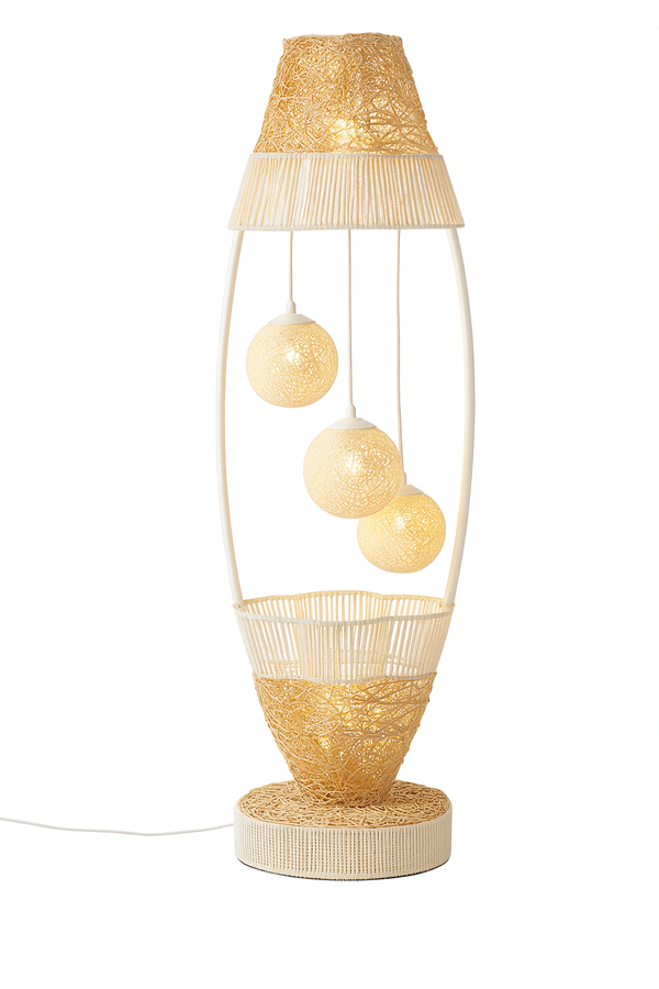Tall LED Floor Lamp with Off White Cane Balls, Handmade Modern Decorative Accent, Ambient LED Lighting, Home Decor-Sona Casa