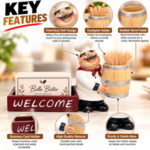 Chef holder features showing the card tray, toothpick cup and figurine details