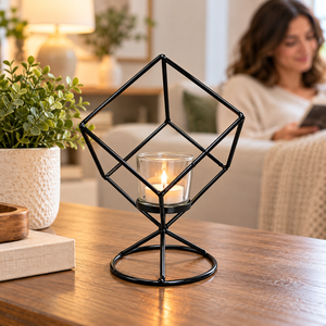 Black Geometric Metal Candle Holder with Glass Votive Cup