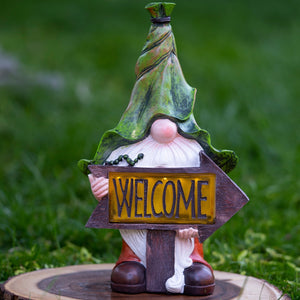 Green Leaf Hat Gnome Solar LED Light Statue, Funny Polyresin Garden Decor for Outdoor Spaces by Sona Casa