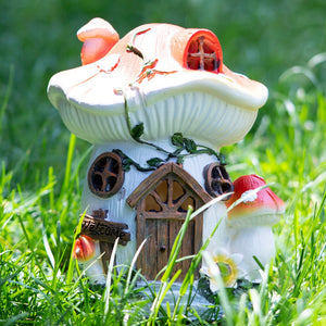 Enchanted Red & White Polyresin Mushroom House Solar Light, Whimsical Outdoor Garden Decor & Fairy Statue by Sona Casa