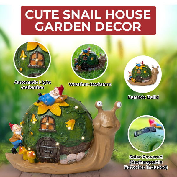 Green And Brown Resin Solar Snail House With Gnome Friends, Weather-Resistant Whimsical Garden Decor, Enchanted Solar Lights Outdoor by Accent Collection