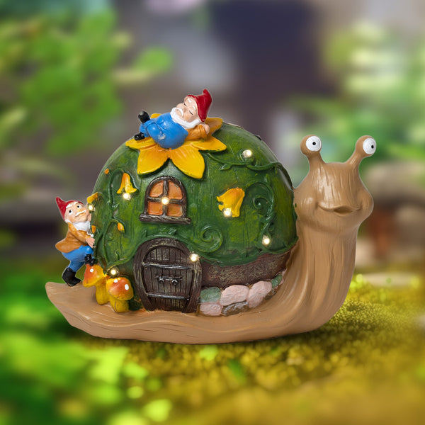Green And Brown Resin Solar Snail House With Gnome Friends, Weather-Resistant Whimsical Garden Decor, Enchanted Solar Lights Outdoor by Accent Collection
