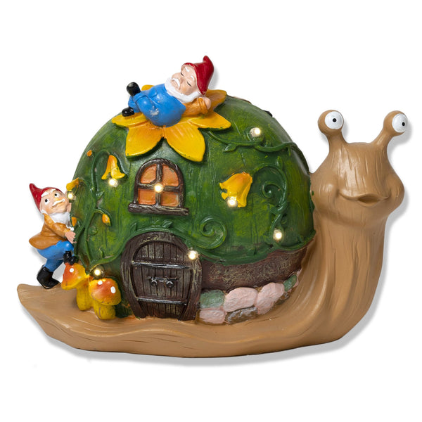 Green And Brown Resin Solar Snail House With Gnome Friends, Weather-Resistant Whimsical Garden Decor, Enchanted Solar Lights Outdoor by Accent Collection
