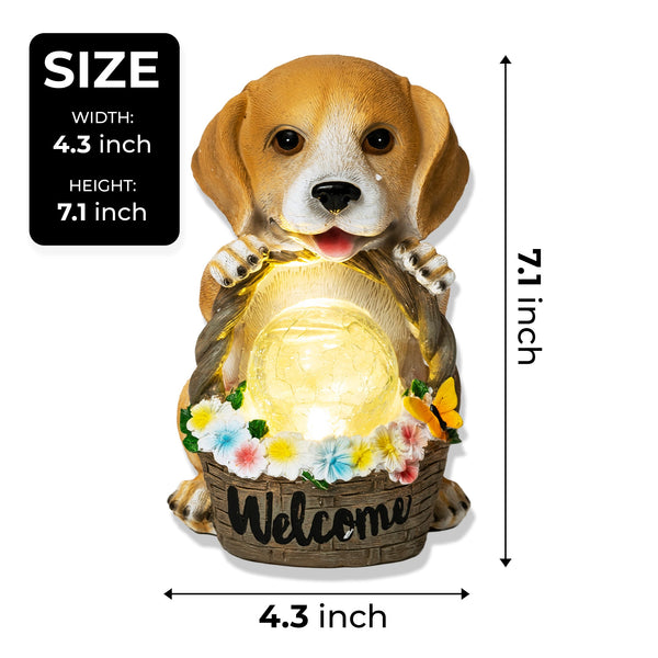 Brown Polyresin Dog Statue With Solar Garden Light And Welcome Basket by Sona Casa