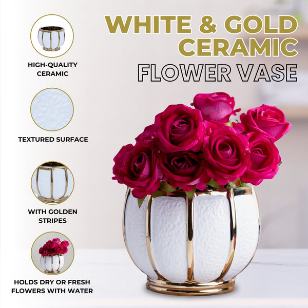 White Ceramic Textured Vase with Golden Stripes, Tabletop Decor Bowl, Fresh Flower Vase by Accent Collection Home Decor