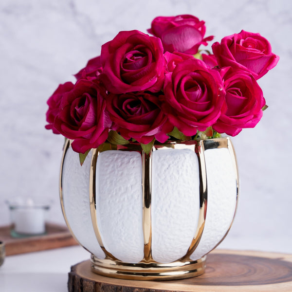 White Ceramic Textured Vase with Golden Stripes, Tabletop Decor Bowl, Fresh Flower Vase by Accent Collection Home Decor