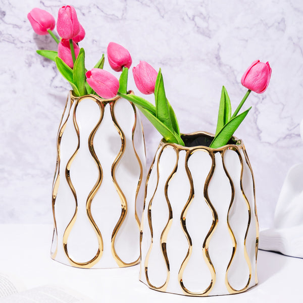 Elegant White Ceramic Flower Vase With Golden Trim - Perfect For Bouquets & Bohemian Decor, Ideal Centerpiece & Entryway Enhancer by Accent Collection