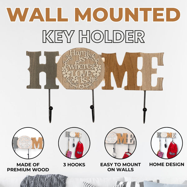 Rustic Farmhouse Wooden Key Holder Hanger, 3-Hook 11" Wide Wall Mount Organizer For Caps, Leashes, Keys, Home, Entryway Decor by Sona Casa