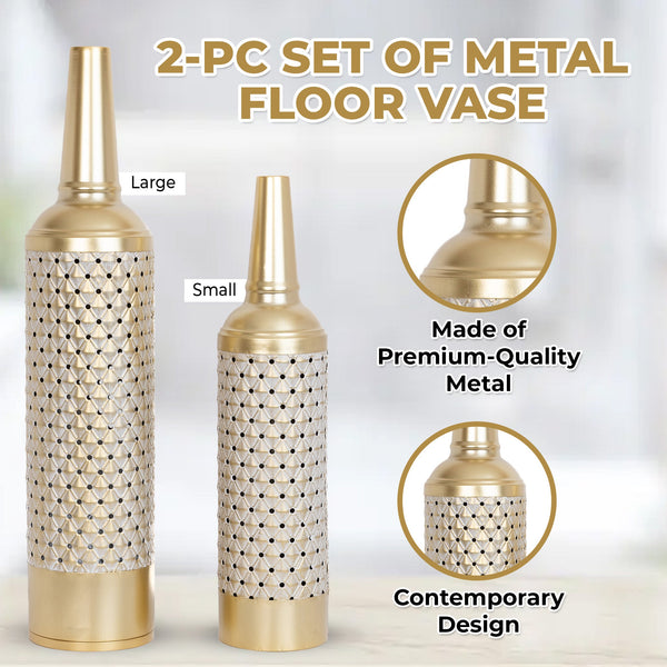 Golden Elegance 2 Pc Metal Floor Vase Set - White & Gold Tall Flower Holders For Chic Home Decor by Accent Collection