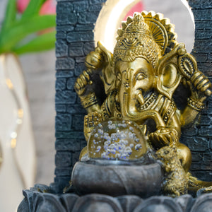 Indoor Waterfall with Golden Ganesha Statue, Lights, Crystal Ball, Polyresin Tabletop Fountain, Desktop Water Fountain, Home or Office Decor 12 inch 31 cm by Sona Casa