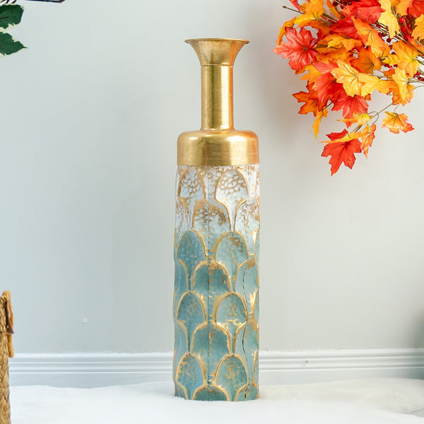 Rustic Elegance Handcrafted Tall Metal Floor Vase, Gold & Green, 26-Inch For Pampas & Dry Flowers