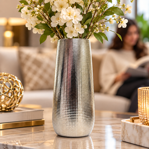Silver Chrome Ceramic Vase with Abstract Pattern