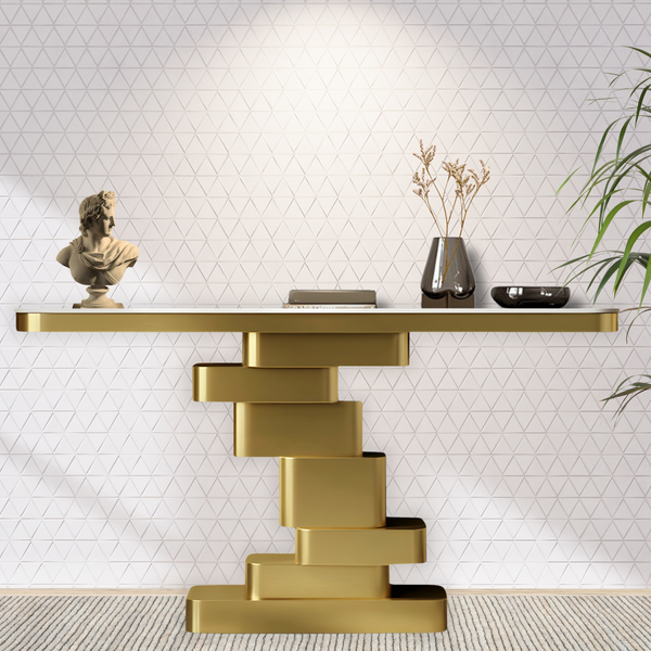 Modern 55" Golden Console Table, High Quality White Marble Top Metal Stainless Steel