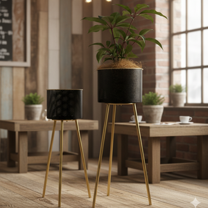 Modern Black Metal Plant Pot, Set of 2 Planters, Gold Tripod Stand, Indoor Outdoor Gift Decor for Home or Office-Sona Casa
