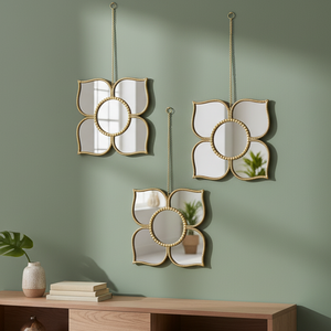 Golden Floral Wall Mirror Set with Hanging Chain, Traditional Modern Diwali Decor Gift, 25 cm Mirrors Pooja Room Decor-Sona Casa