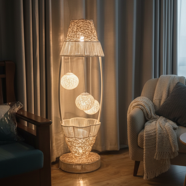 Tall LED Floor Lamp with Off White Cane Balls, Handmade Modern Decorative Accent, Ambient LED Lighting, Home Decor-Sona Casa