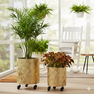 Gold Metal Foil Planters Set with Wheels and Drain Plug, Indoor Pot for Fresh or Faux Plants Home Decor Gift-Sona Casa