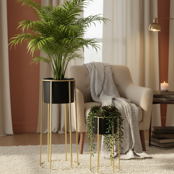 Contemporary Indoor Black Metal Pots Set with Golden Stand for Fresh or Faux Plants Living Room Office Decor, Gifts