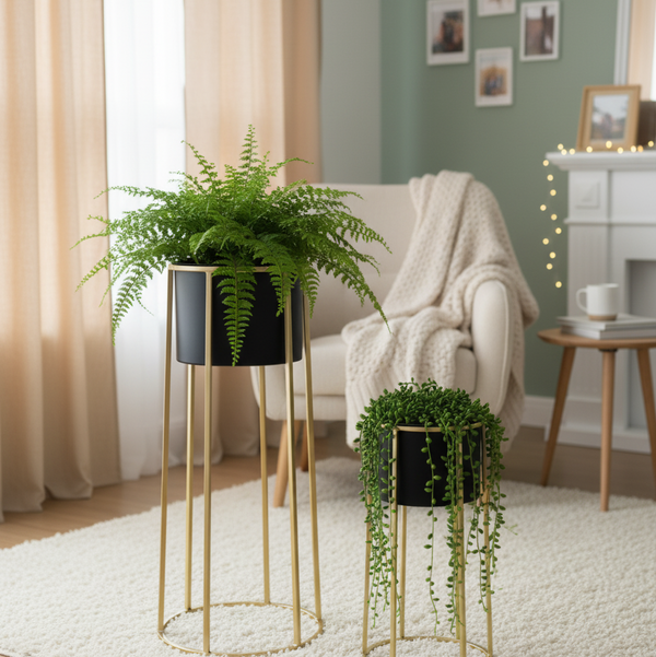 Contemporary Indoor Black Metal Pots Set with Golden Stand for Fresh or Faux Plants Living Room Office Decor, Gifts