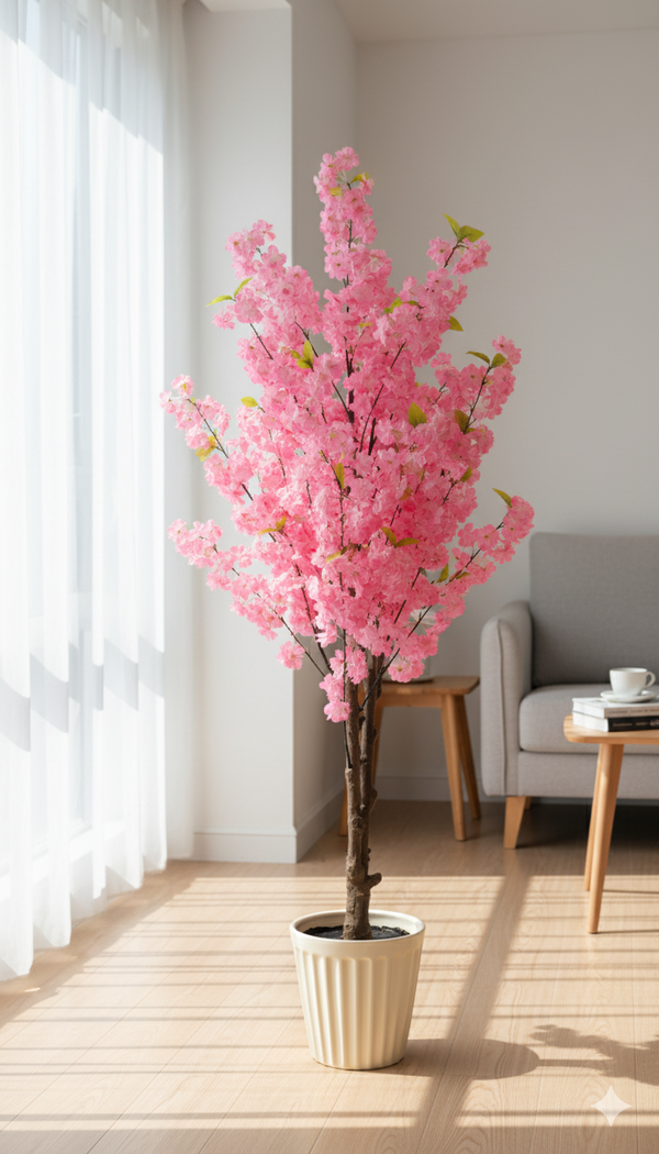 5 ft Tall Faux Pink Sichuan Cherry Blossom, Nearly Natural Large Artificial Tree, Indoor Decor for Living Room, Office, Patio