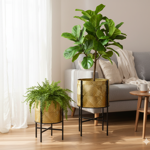 Rustic Golden Planters, Textured Foil Surface, Metal Plant Pots Pair with Black Stand, Unique Indoor Decor Gifts-Sona Casa