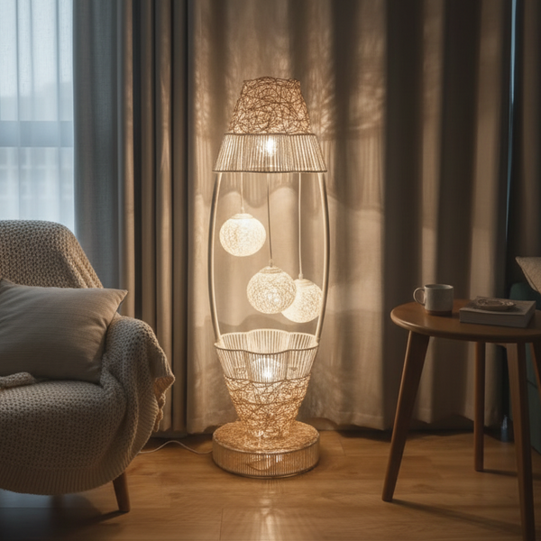 Tall LED Floor Lamp with Off White Cane Balls, Handmade Modern Decorative Accent, Ambient LED Lighting, Home Decor-Sona Casa